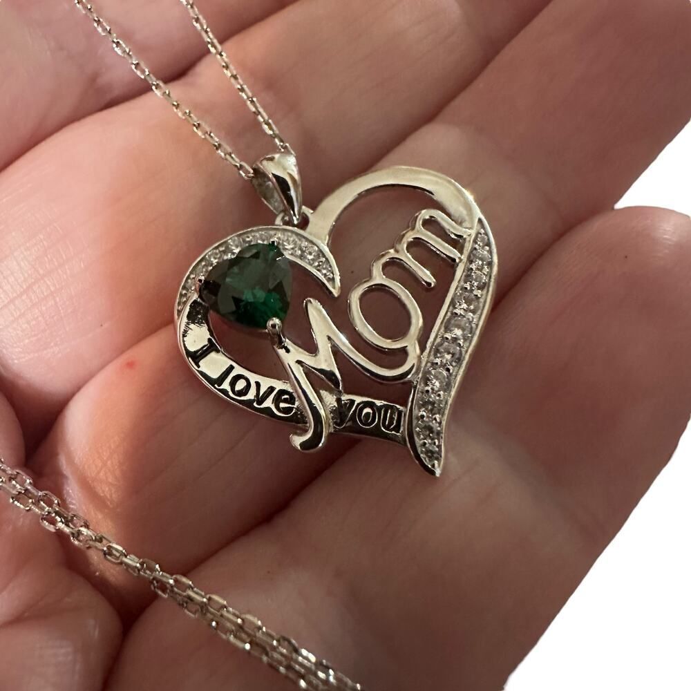 I Love You Mom Green Cz Heart Sterling Silver Necklace - Picture 5 of 6